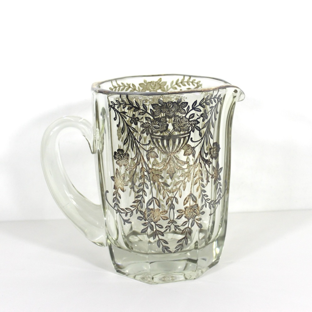 Antique Glass Pitcher with Silver Overlay, Bar Pitcher Cocktail